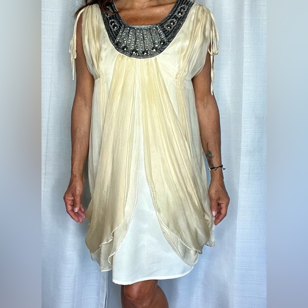 “Black” beaded neckline party dress size S 32” long from top of shoulder